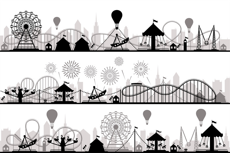 amusement-park-landscape-carnival-roller-coasters-silhouettes-festiv