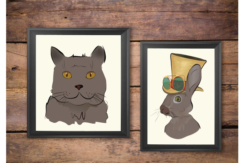 illustrations-of-a-grey-cat-and-steampunk-style-rabbit-with-hat-and-gl