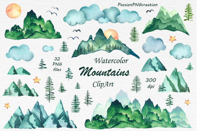 big-set-of-watercolor-mountains-clipart-png-watercolour-mountain