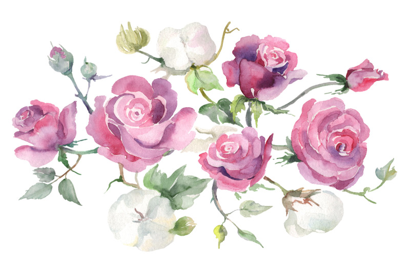 bouquet-with-pink-nbsp-roses-and-cotton-watercolor-png