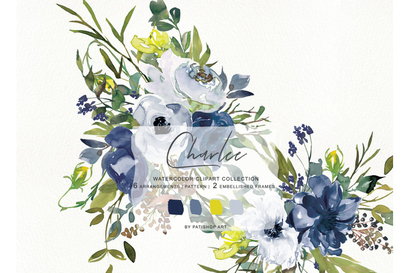 watercolor-navy-white-and-yellow-floral-bouquet-clipart