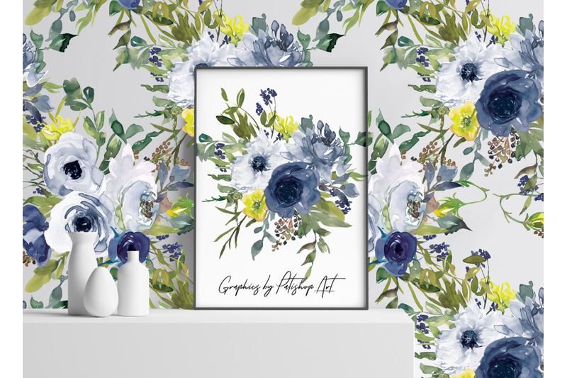 watercolor-navy-white-and-yellow-floral-bouquet-clipart