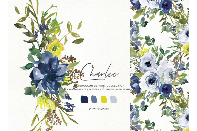 watercolor-navy-white-and-yellow-floral-bouquet-clipart