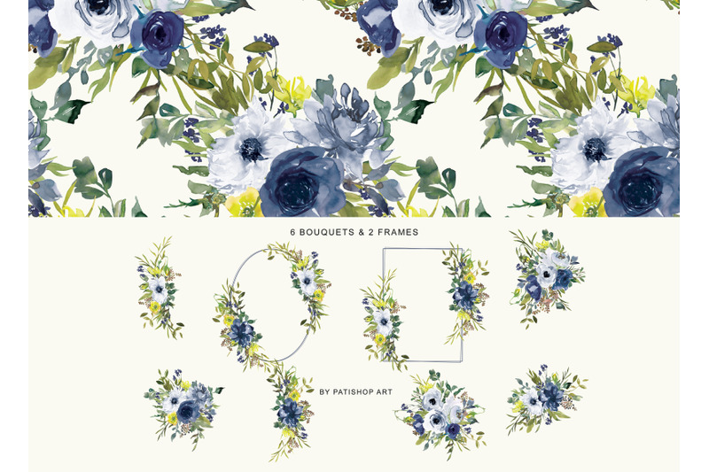 watercolor-navy-white-and-yellow-floral-bouquet-clipart