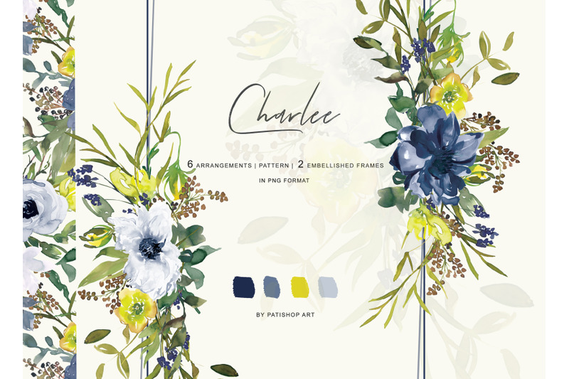 watercolor-navy-white-and-yellow-floral-bouquet-clipart