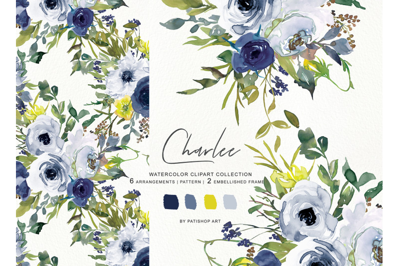 watercolor-navy-white-and-yellow-floral-bouquet-clipart