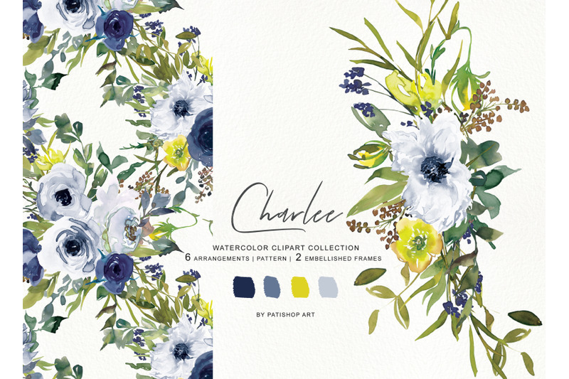 watercolor-navy-white-and-yellow-floral-bouquet-clipart