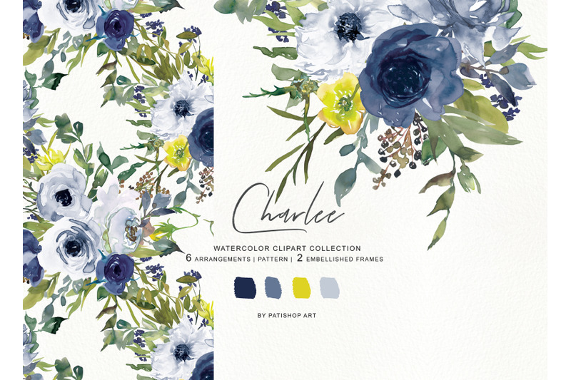 watercolor-navy-white-and-yellow-floral-bouquet-clipart