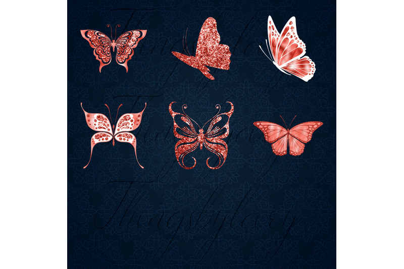 30-living-coral-foil-glitter-flying-butterfly-digital-images