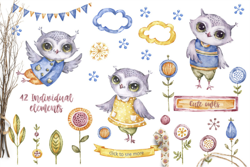 cute-owls-watercolor-collection-with-floral-forest-birds