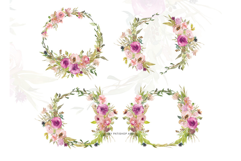 watercolor-dusty-pink-and-purple-flowers-wreath-set