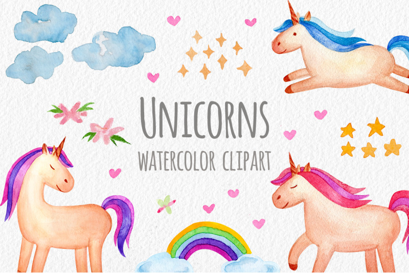 watercolor-unicorn-set-seamless-patterns-clipart