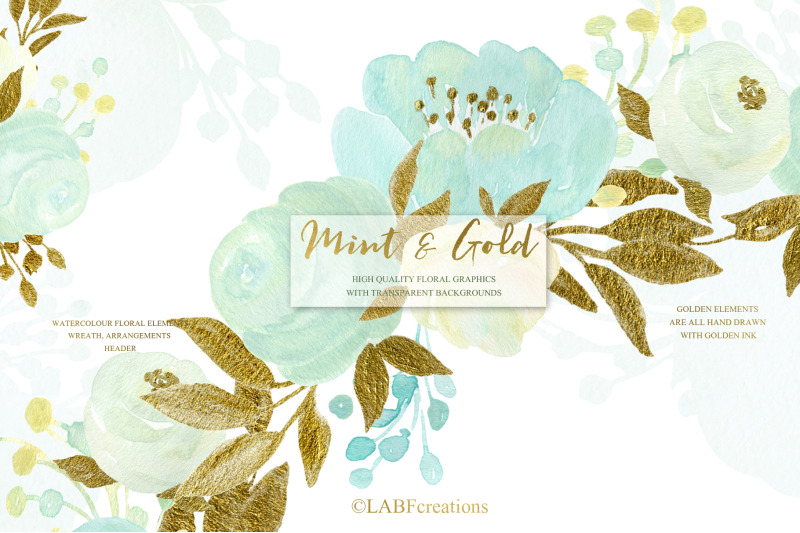 Download Mint And Gold Watercolor Floral Clipart By Labfcreations Thehungryjpeg Com