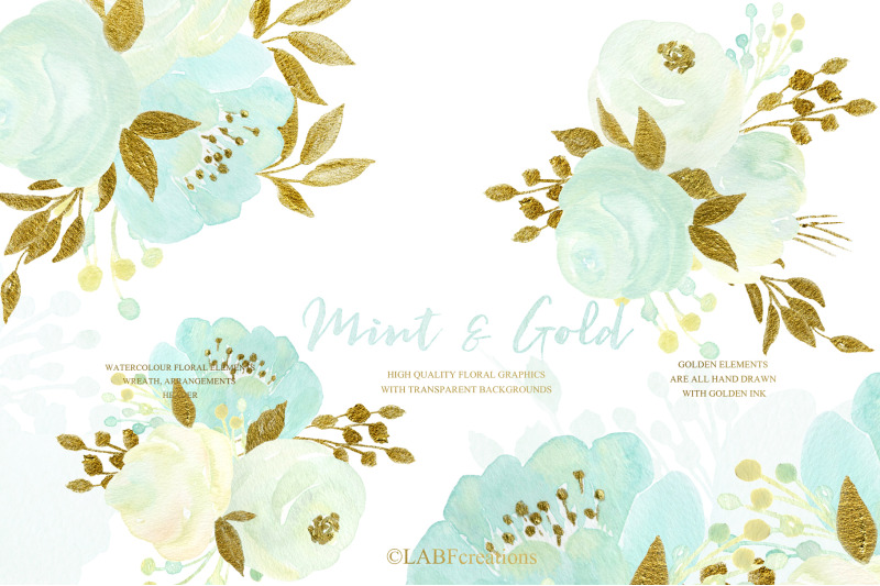 Mint and Gold. Watercolor floral clipart. By LABFcreations