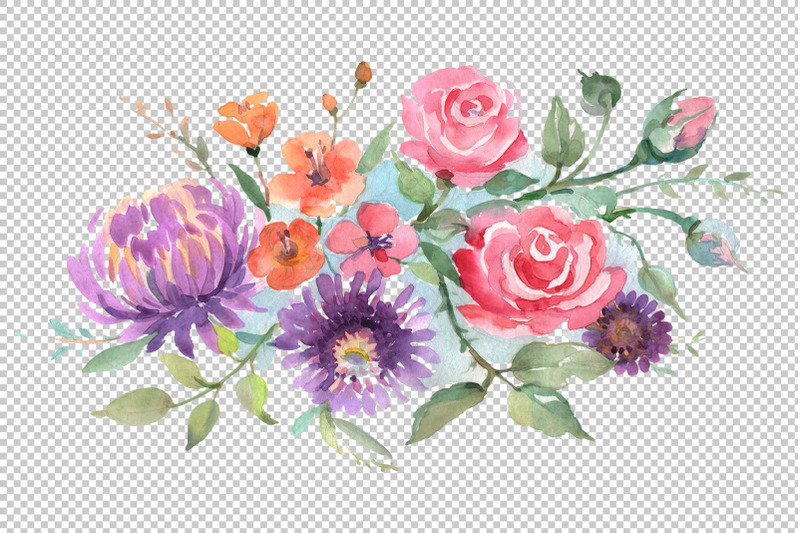 bouquet-with-roses-and-asters-watercolor-png