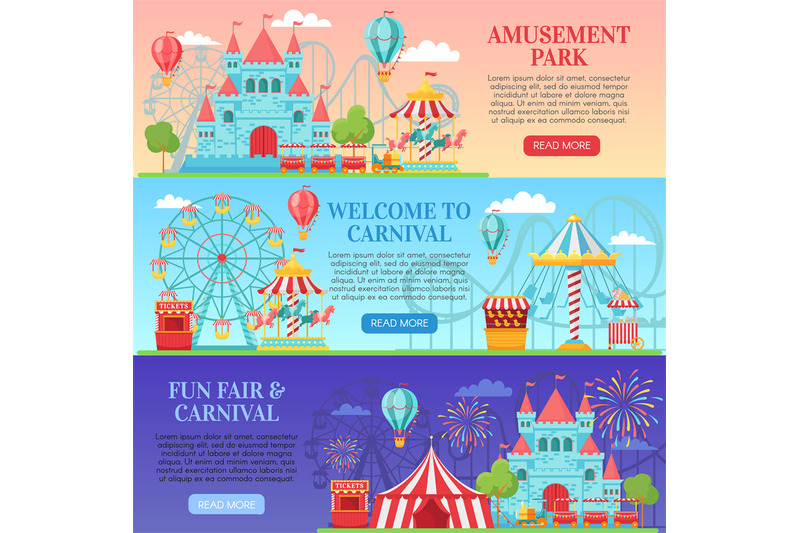 amusement-park-banner-amusing-festival-attractions-kids-carousel-and