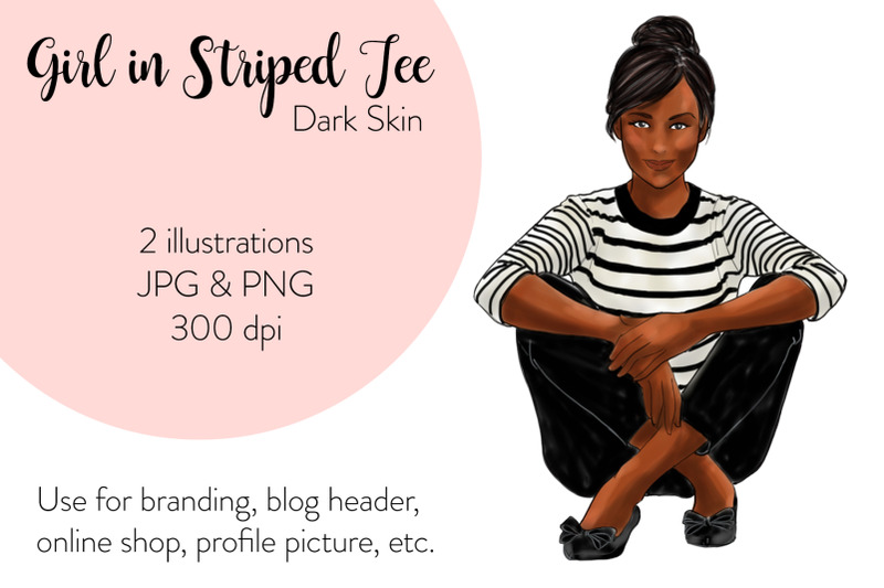 watercolor-fashion-nbsp-illustration-nbsp-girls-in-striped-t-dark-skin