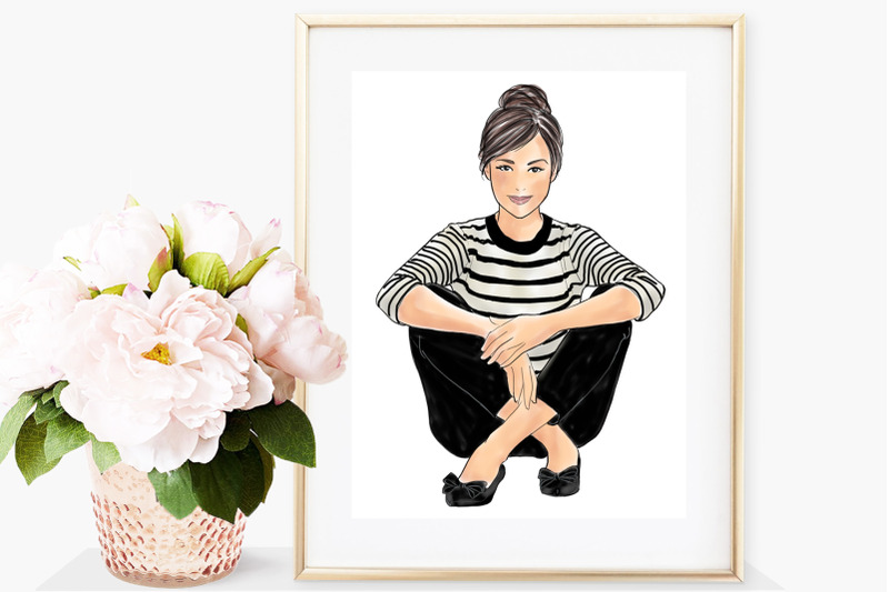 watercolor-fashion-nbsp-illustration-nbsp-girls-in-striped-t-light-skin