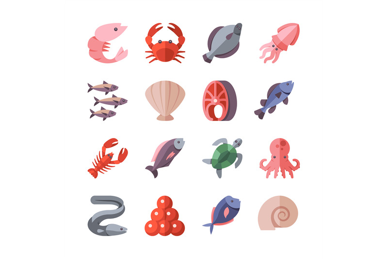 seafood-delicacies-and-cooking-fish-vector-flat-icons-isolated-on-whit