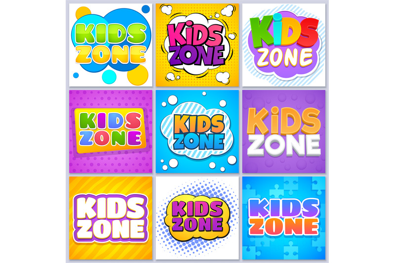 kids-zone-banners-children-game-playground-labels-with-cartoon-letter