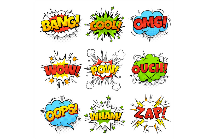 Comic words. Cartoon speech bubble with zap pow wtf boom text. Comics ...