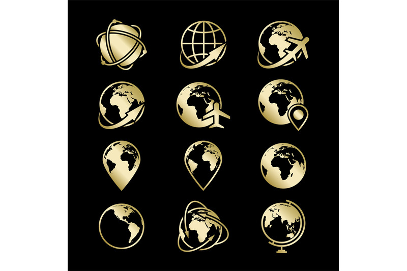 golden-globe-earth-icons-collection-on-black-backdrop