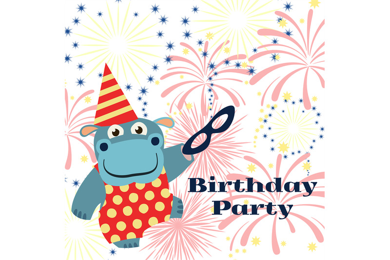 birthday-party-background-with-cartoon-hippo-with-mask-and-fireworks