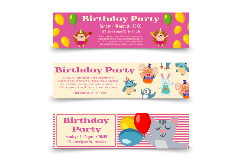 birthday-party-horizontal-banners-template-with-cute-cartoon-animals