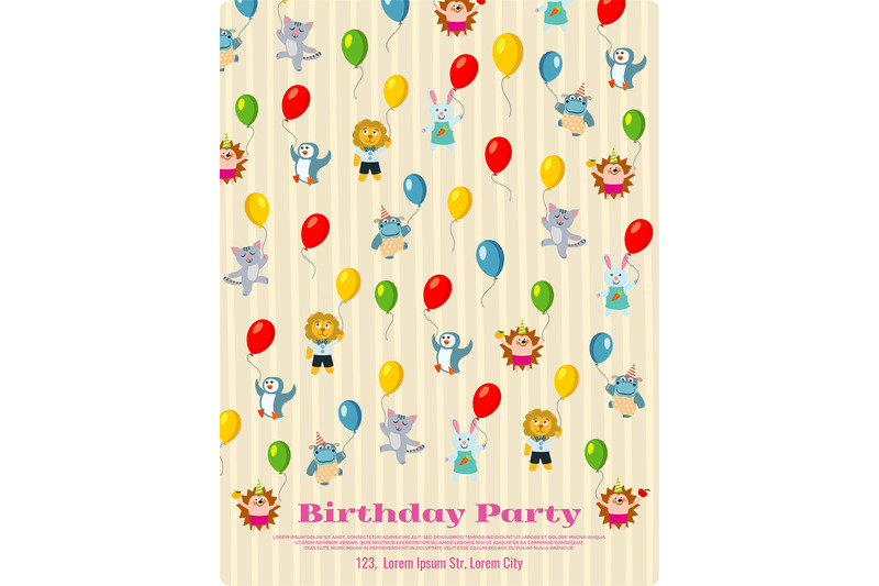 birthday-party-poster-design-cartoon-animals-fly-with-balloons