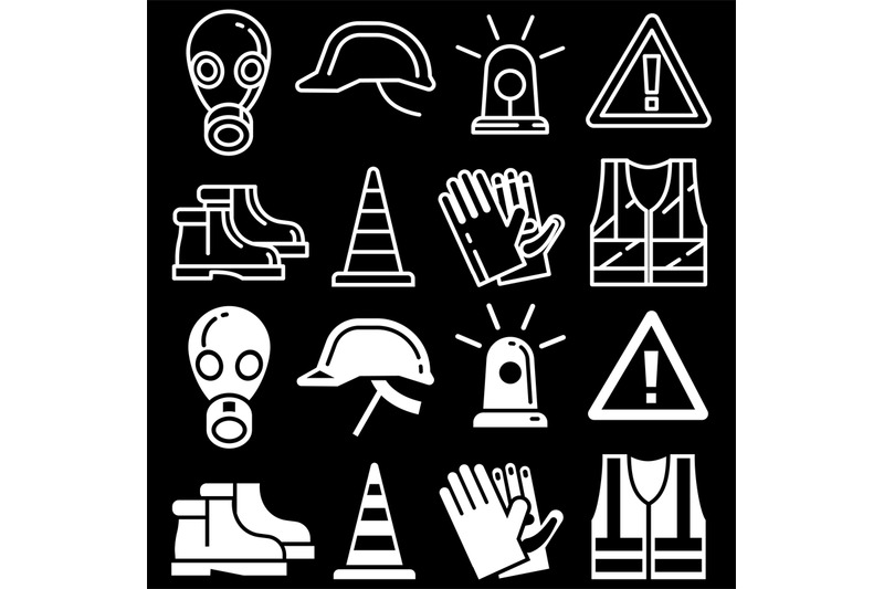 line-and-silhouettes-personal-protective-equipment-icons-set-on-black