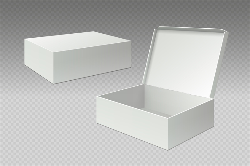 Realistic packaging boxes. Open mock up blank package