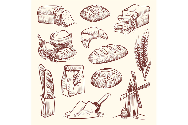 bread-sketch-flour-mill-baguette-french-bake-bun-food-wheat-tradition