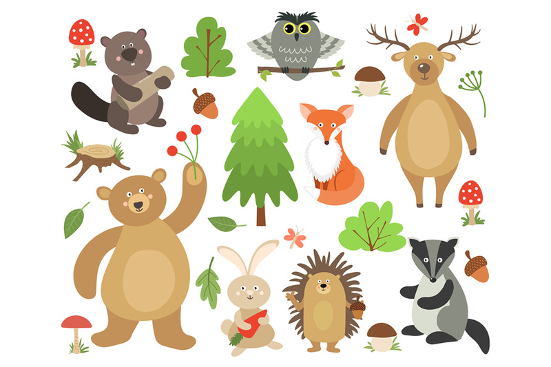 cute-woodland-animals-beaver-fox-deer-owl-bear-hare-hedgehog-badger