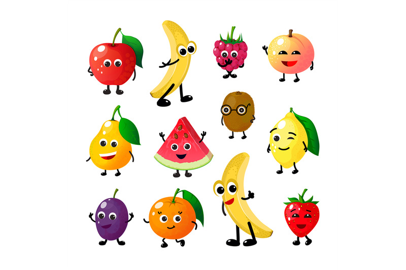 cartoon-funny-fruits-happy-apple-banana-raspberry-peach-pear-watermel