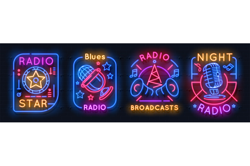 radio-neon-sign-music-glowing-icons-on-air-night-light-emblems-audi