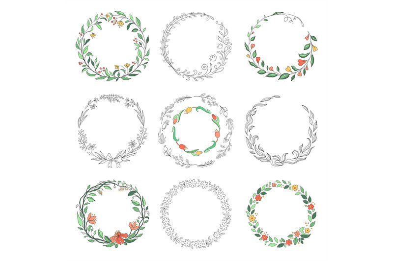 floral-circle-doodle-frames-hand-drawn-linear-round-borders-florist