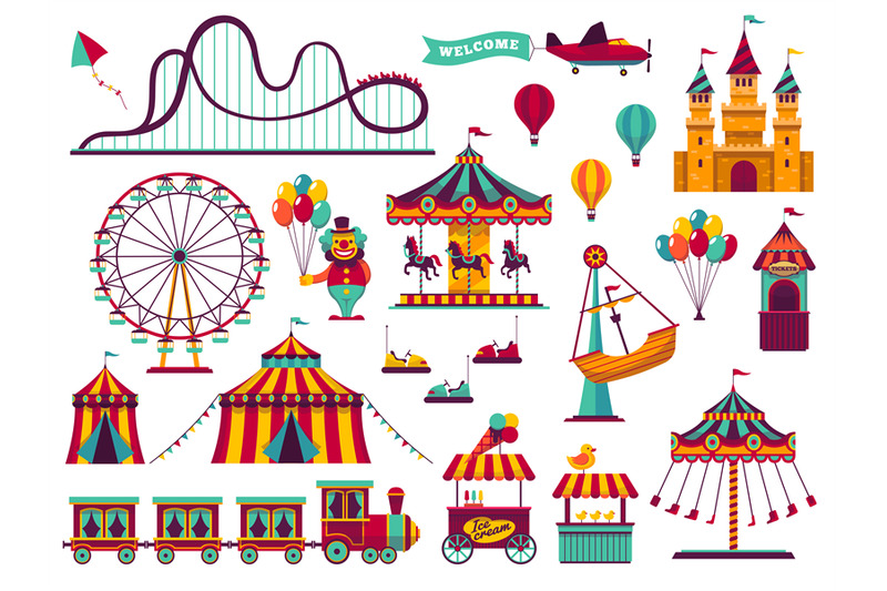 amusement-park-attractions-set-carnival-amuse-kids-carousels-games-fa