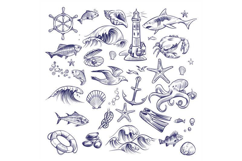 hand-drawn-marine-set-sea-ocean-voyage-lighthouse-shark-crab-octopus