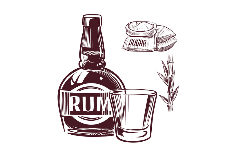 sketch-rum-retro-advertising-rum-alcohol-drink-glass-and-bottle-hand
