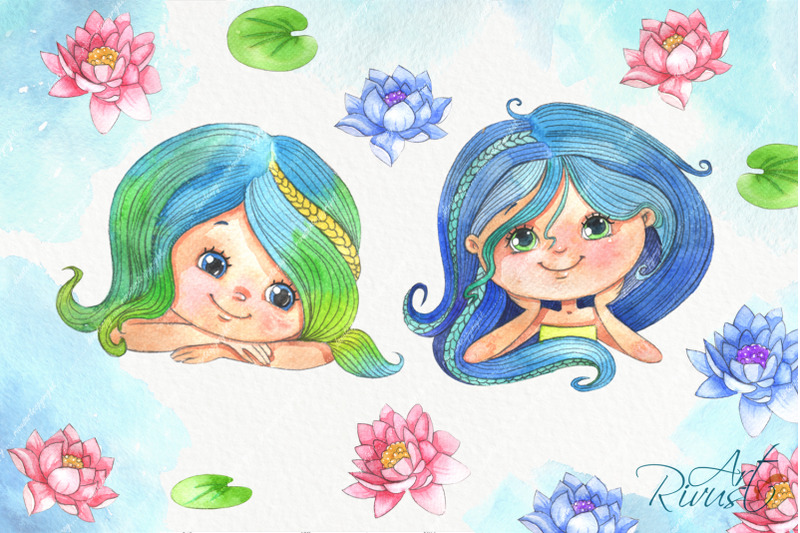 Download Cute mermaids clipart pack. Watercolor clip art baby ...