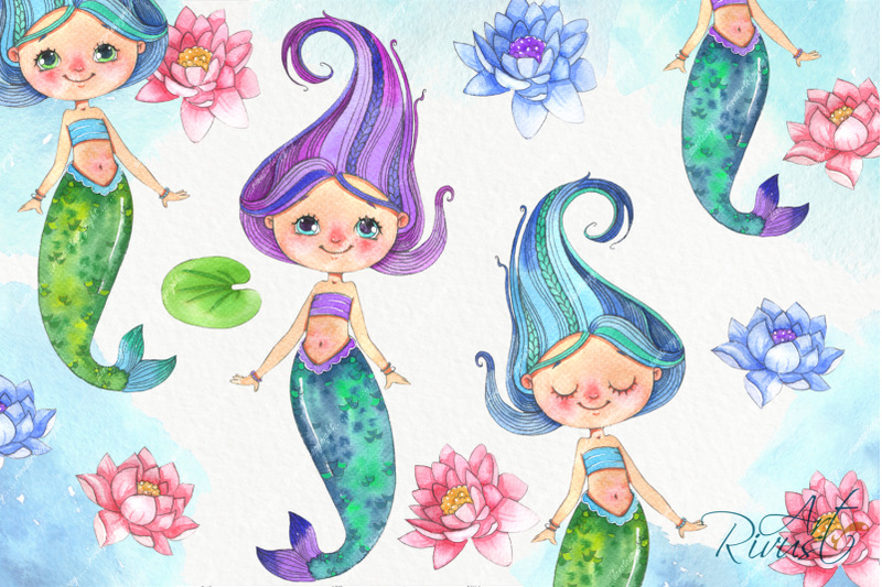 cute-mermaids-clipart-pack-watercolor-clip-art-baby-shower-drawing