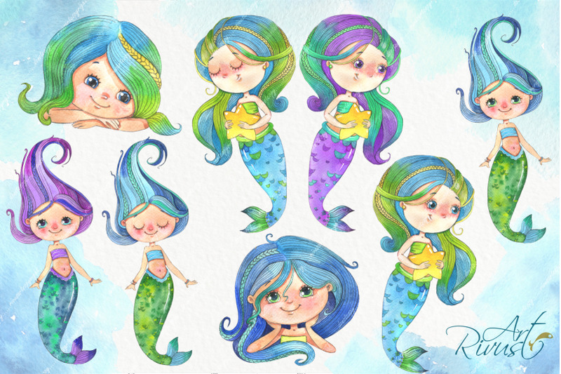 cute-mermaids-clipart-pack-watercolor-clip-art-baby-shower-drawing