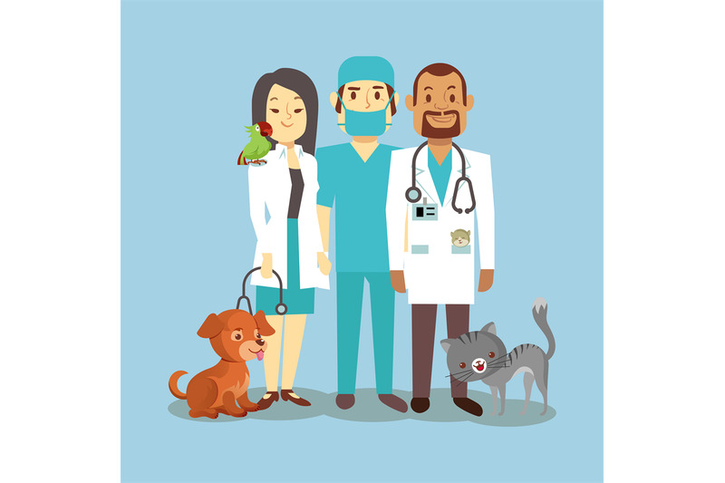 veterinarian-staff-with-cute-pets-isolated-on-blue