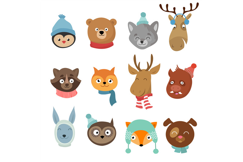 winter-xmas-happy-animals-cartoon-characters-animals-heads-with-necke