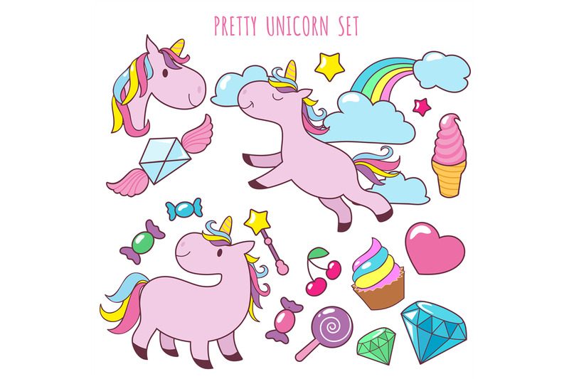 retro-cartoon-pink-unicorns-vector-girl-fashion-patch-badges-with-fanc