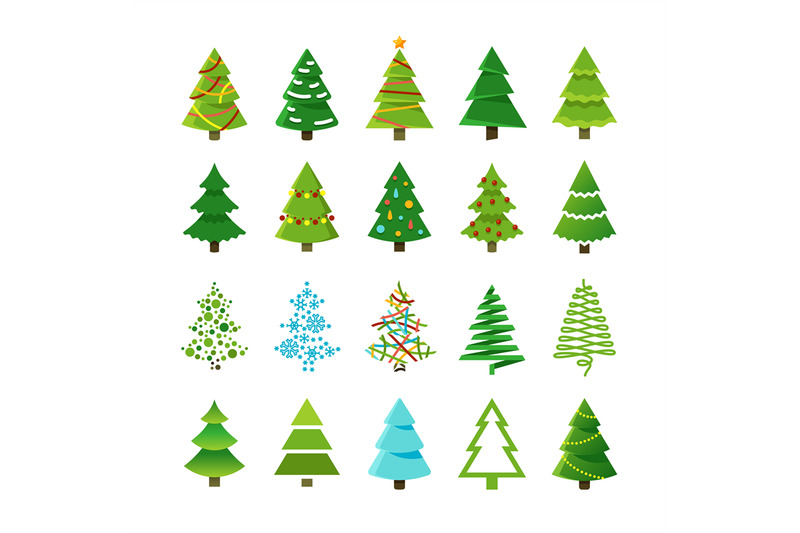 cartoon-abstract-christmas-trees-with-gifts-and-balls-vector-set