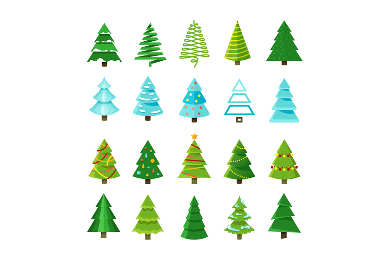 flat-christmas-winter-trees-with-festive-xmas-decoration-vector-collec