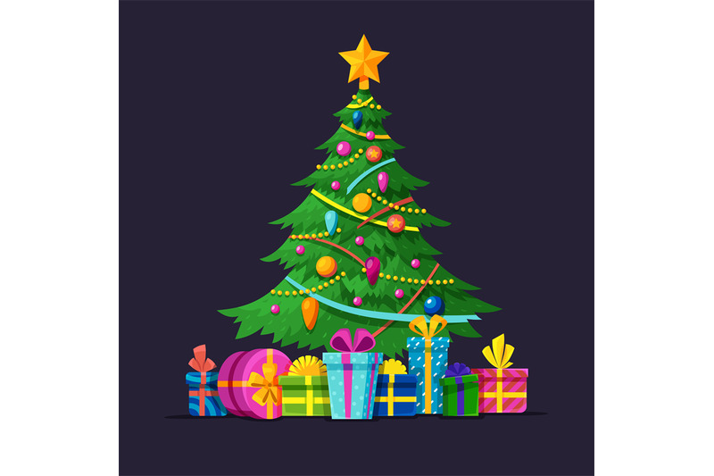 christmas-tree-with-bulbs-gifts-and-xmas-balls-flat-vector-illustrati