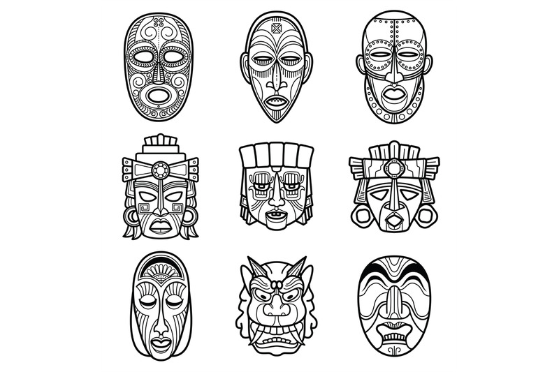 indian-aztec-and-african-historic-tribal-mask-vector-set