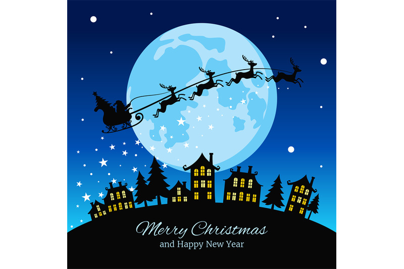 christmas-greeting-card-with-santa-and-deers-flying-sky-over-city-vect